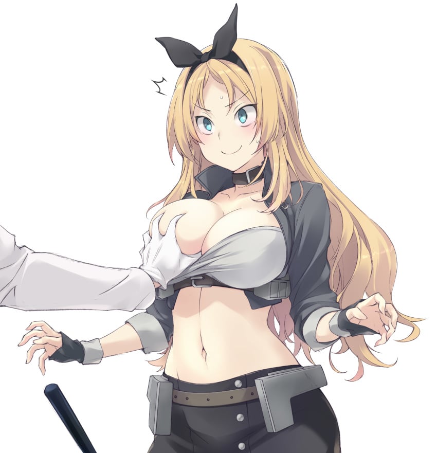 1girls admiral_(kantai_collection) bandeau big_breasts black_gloves black_hairband blonde_hair blue_eyes blush breast_grab breast_hold breasts choker cowboy_shot cropped_jacket female female_focus fingerless_gloves gloves grey_jacket grey_skirt groping hairband highres jacket kantai_collection large_breasts midriff navel nelson_(kantai_collection) one_breast_out race_queen sakana shocked simple_background skirt white_background