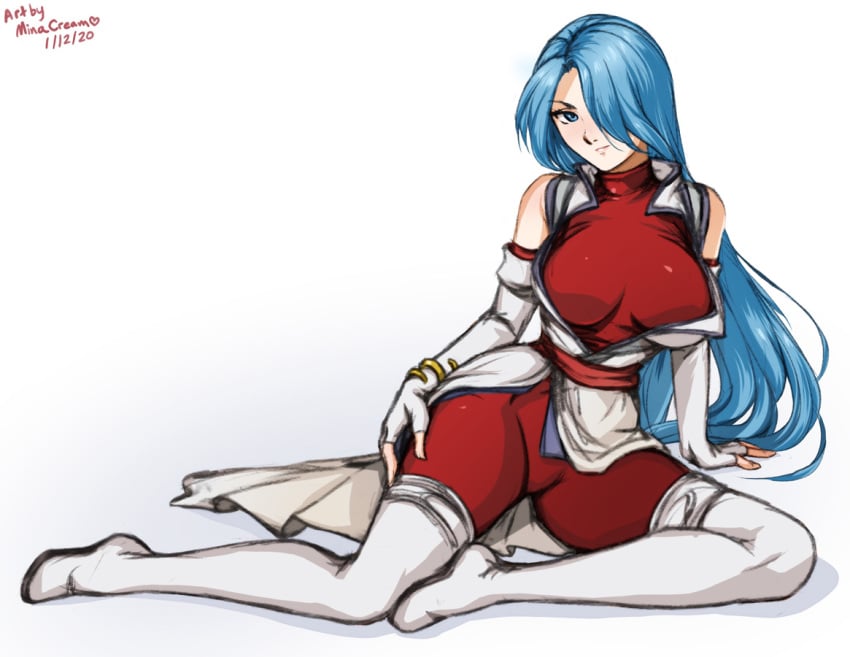 1girls big_breasts blue_eyes blue_hair bodysuit elbow_gloves female female_only fingerless_gloves fire_emblem fire_emblem:_path_of_radiance gloves large_breasts light_blue_eyes light_blue_hair long_hair looking_at_viewer lucia_(fire_emblem) minacream nintendo one_eye_covered open_clothes open_shirt solo very_long_hair