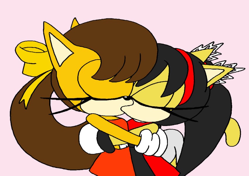 2girls anthro black_hair bow brown_hair closed_eyes domestic_cat dress duo embrace eyelashes felid feline female female/female female_only fully_clothed gloves hair_accessory hairband headband honey_the_cat hugging kissing lesbian long_hair manx midriff ponytail red_dress red_skirt skirt sonic_(series) sonic_the_fighters sonic_the_hedgehog_(series) sonic_x-treme tiara_boobowski twintails yuri