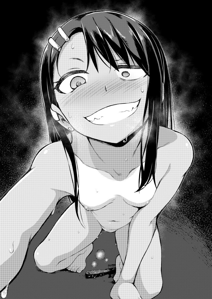 1girls all_fours barefoot belly black_hair crazy_eyes crazy_smile female female_focus female_only ghettoyouth hayase_nagatoro long_hair looking_ahead looking_at_viewer monochrome nude open_smile please_don't_bully_me,_nagatoro pov pov_eye_contact pussy_juice smile steam steaming_body tan tanline