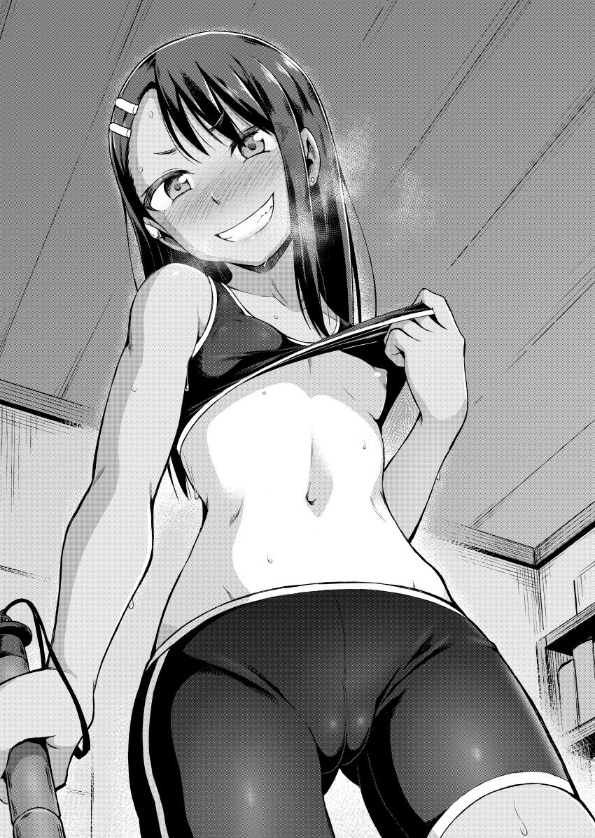 1girls bangs bike_shorts black_and_white black_hair blush breasts cameltoe female female_focus female_only flashing flashing_breasts ghettoyouth gym_clothes hayase_nagatoro lifted_shirt lifting_clothing long_hair looking_at_viewer monochrome please_don't_bully_me,_nagatoro pussy shorts small_breasts smile solo solo_female sports_bra steam sweat tanline top_lift training visible_breath