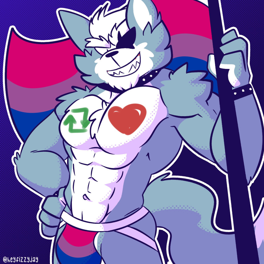 2022 abs anthro big_bulge big_muscles bisexual_pride_colors blue_background bodypaint bracelet bulge canid canine canis clothing collar eye_patch eyebrows eyewear fizzyjay flag fur hair hand_on_hip heart hi_res holding_flag holding_object jewelry jockstrap lgbt_pride looking_at_viewer male male_only mammal muscular muscular_anthro muscular_male navel nintendo obliques pecs pride_color_clothing pride_color_underwear pride_colors retweet simple_background smile solo standing star_fox teeth text tuft twitter underwear url video_games wolf wolf_o'donnell