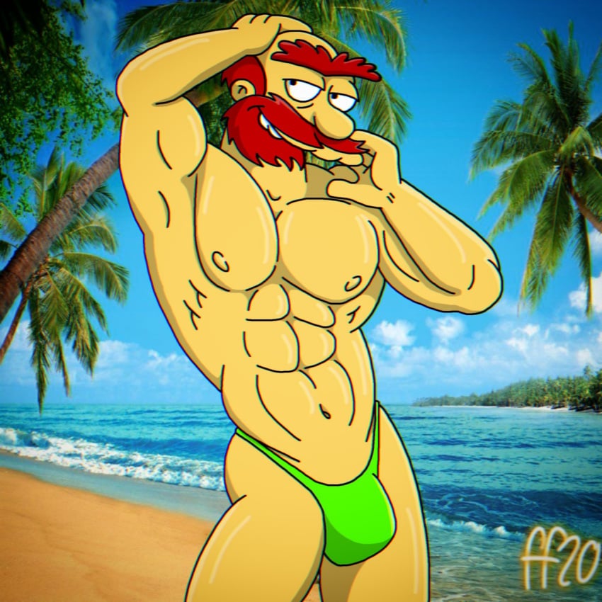 1boy abs bald bald_man balding bara barazoku beach beard bicep_curl biceps big_muscles bulge dilf fabfelipe facial_hair flaccid ginger ginger_hair green_thong groundskeeper_willie hand_on_head human human_only inviting_to_sex looking_to_the_side male male_focus male_only manly muscles muscular muscular_male nipples ocean outdoors outside palm_trees pecs pectorals pose posing presenting red_beard red_hair seductive_look solo solo_focus solo_male standing swimwear the_simpsons thick_eyebrows thong thong_only tropical_background unibrow yellow_skin