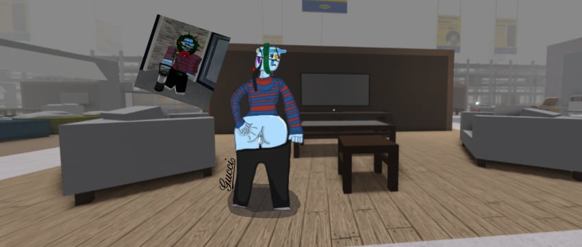 1boy 3d_background artist_request ass_grab bald black_pants blue_skin blue_stripes clothed clothed_male cum cum_drip cum_in_ass fat_ass frown gay grey_socks hand_on_ass hood hood_down hoodie in-game_background looking_at_viewer looking_back male male_only pants pants_down pants_pulled_down red_stripes reference_image roblox roblox_avatar roblox_background roblox_game robloxian socks solo solo_male source_request spread_anus spread_ass standing striped_hoodie striped_shirt striped_sleeves visor_cap wreath yaoi