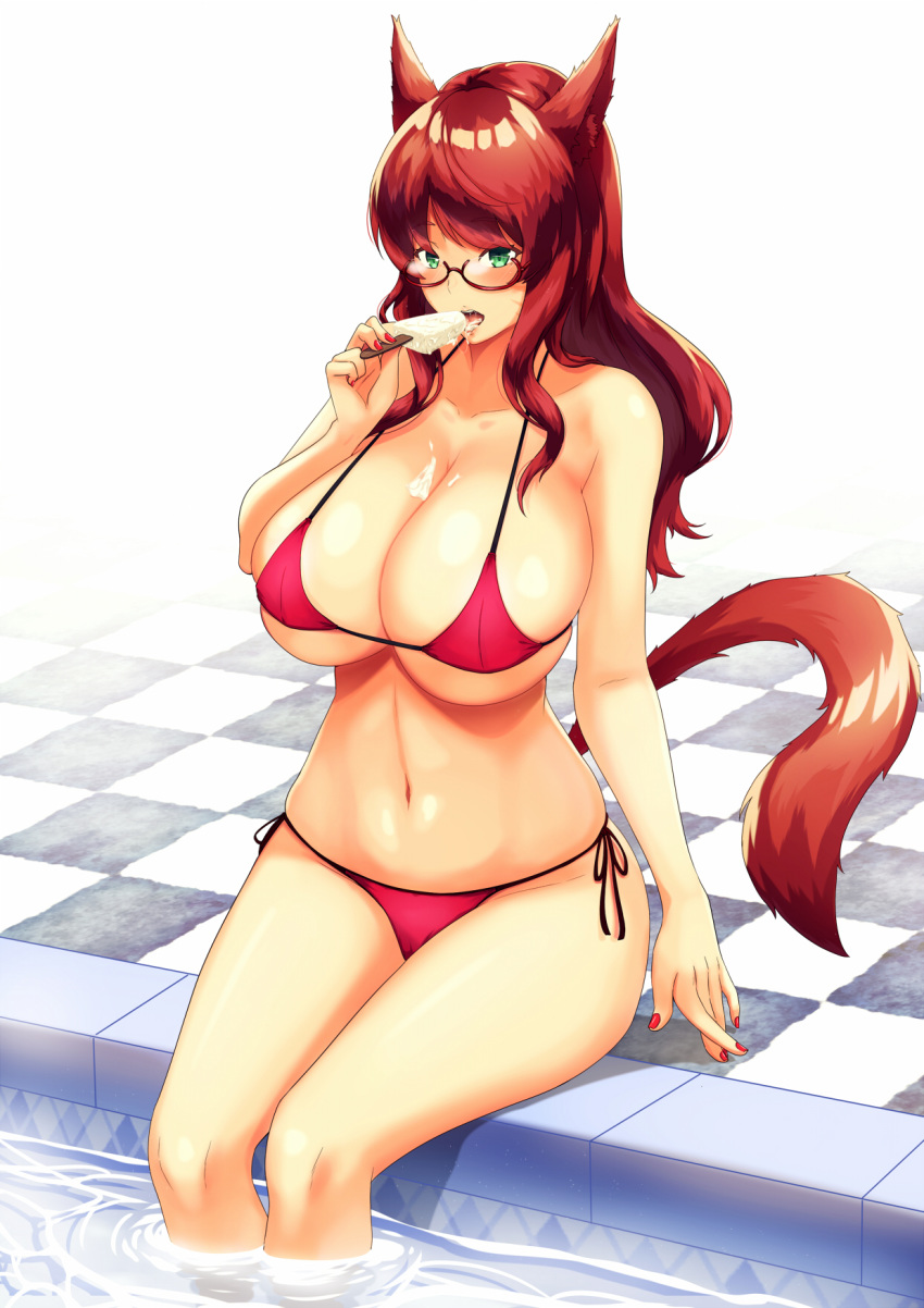 bikini breasts cameltoe cat_ears cleavage final_fantasy final_fantasy_xiv glasses green_eyes ice_cream jeppu_art large_breasts licking looking_at_viewer maria_arvana miqo'te pool red_hair suggestive tail