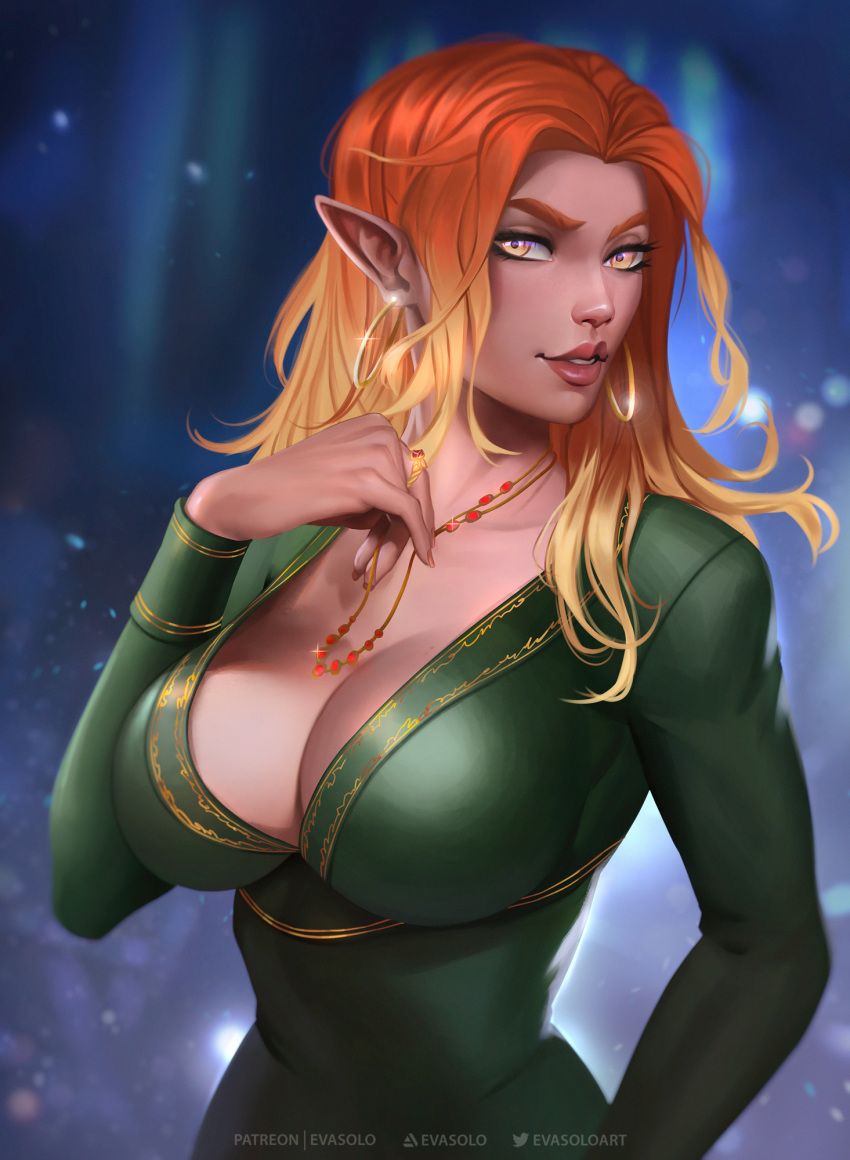 1girls big_breasts breasts cleavage earrings elf evasolo female female_only fully_clothed kara_eressea large_breasts looking_at_viewer pinup pointy_ears solo