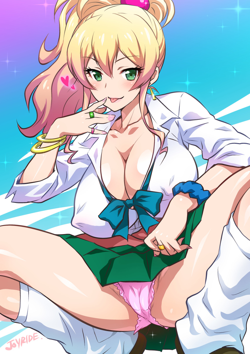 1girls :p absurdres big_breasts blonde_hair bracelet breasts cameltoe cleavage earrings erect_nipples erect_nipples_under_clothes female female_only green_eyes gyaru hajimete_no_gal heart highres huge_breasts impossible_clothes jewelry joy_ride large_breasts long_hair looking_at_viewer nail_polish nipple_bulge no_bra panties pink_panties ponytail raised_eyebrow ring skirt solo spread_legs squatting tongue tongue_out underwear yame_yukana