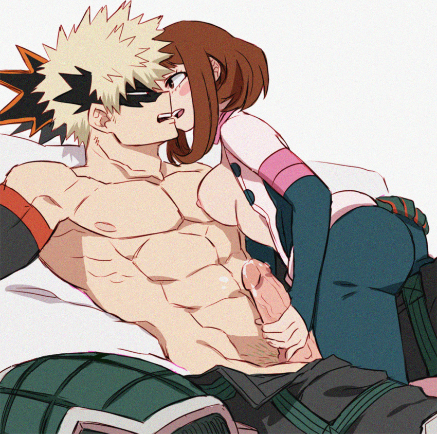 1boy 1girls abs big_penis blonde_hair breasts breasts_on_chest brunette dick handjob hero_outfit_(mha) imminent_kiss katsuki_bakugou muscle muscles muscular muscular_male my_hero_academia nipples ochako_uraraka straight superevey