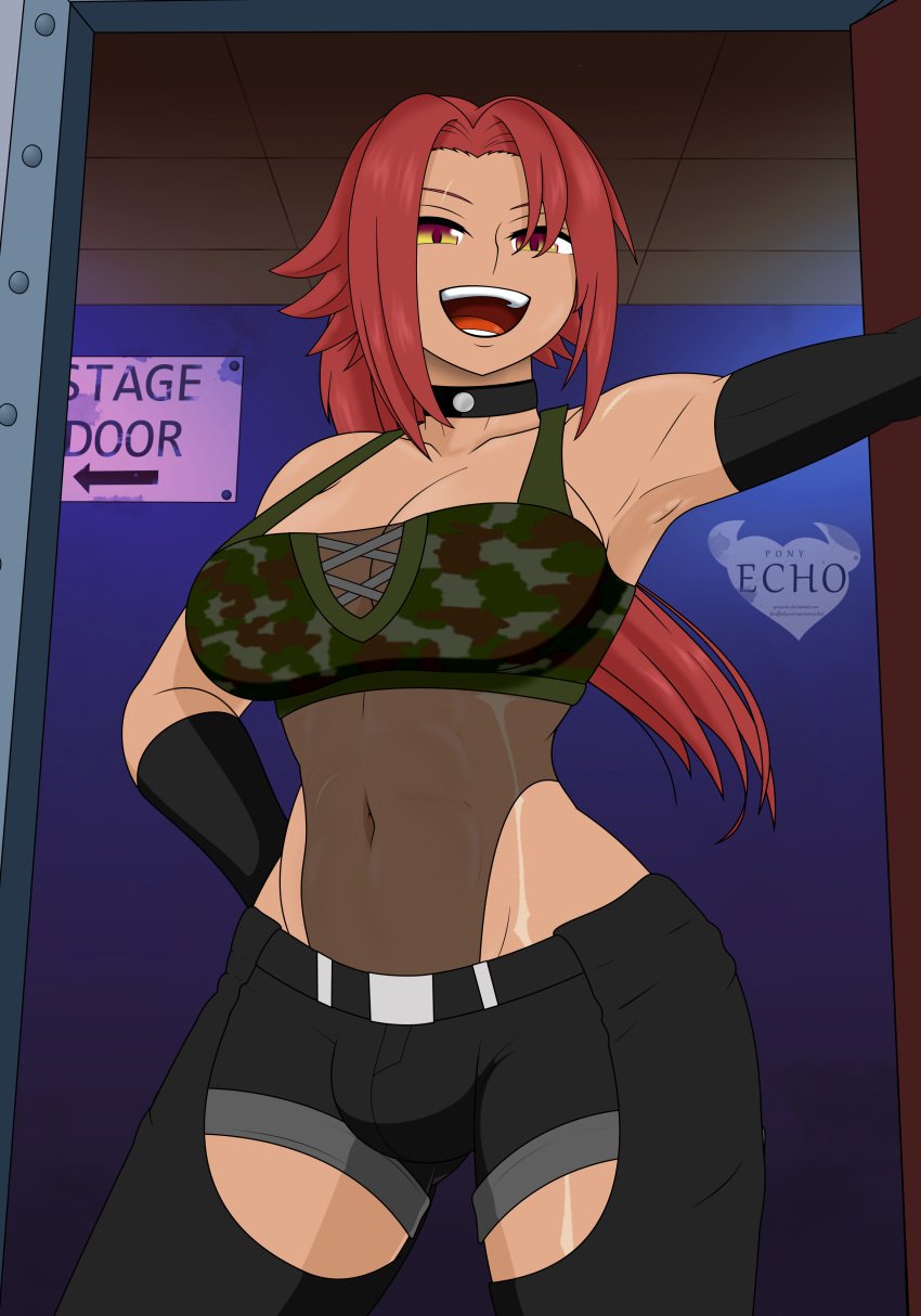 1futa abs arm_stockings belly_button breasts buff bulge camo_clothing chaps choker cleavage clothing dark-skinned_futanari dickgirl futa_only futanari gloves leotard looking_at_viewer muscular muscular_futanari nell_clearfield penis_bulge ponyecho ponytail pov red_hair scar shorts solo yellow_eyes