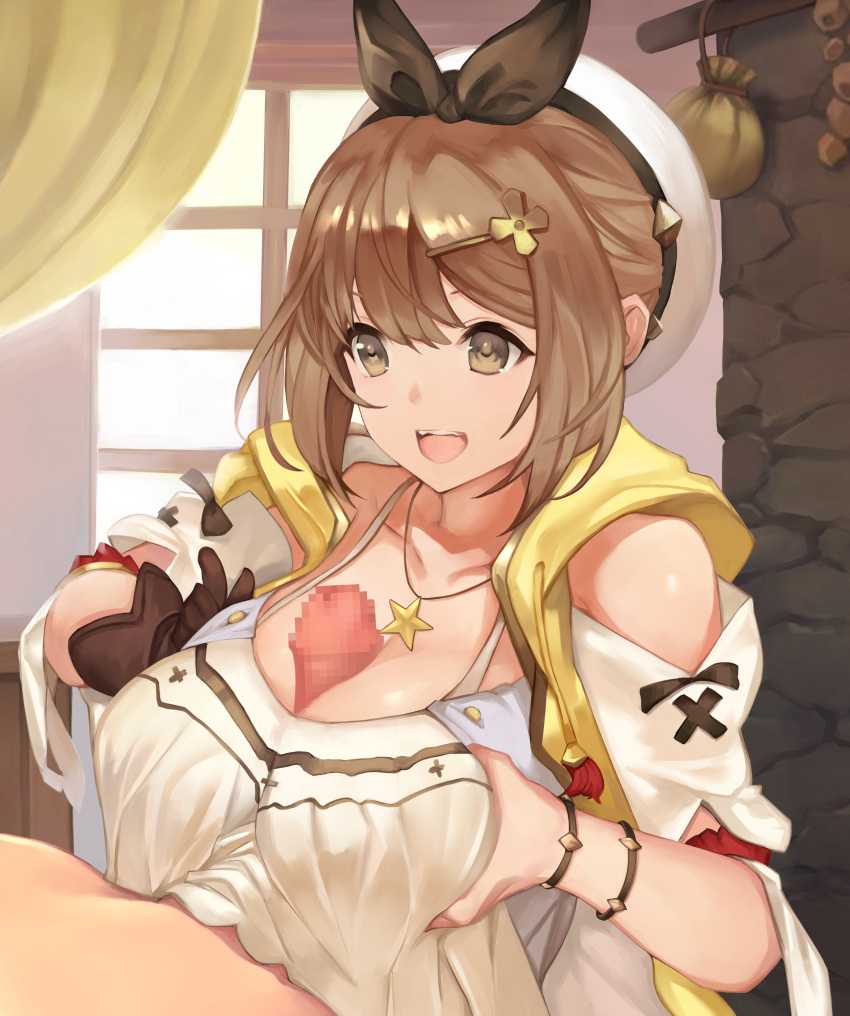 1boy :d absurdres atelier_(series) atelier_ryza beret breasts brown_eyes brown_gloves brown_hair censored cleavage commentary_request female gloves hair_ornament hairclip hat highres indoors jewelry large_breasts mosaic_censoring necklace open_mouth paizuri paizuri_under_clothes penis reisalin_stout single_glove smile star_(symbol) star_necklace straight tahnya teeth upper_body upper_teeth white_headwear