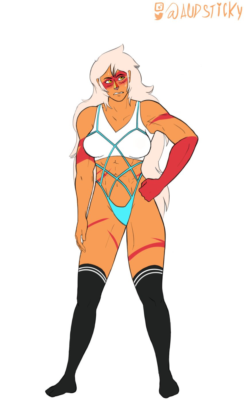 acidsticky blush embarrassed jasper_(steven_universe) knee_socks kneesocks lingerie muscular orange_skin steven_universe