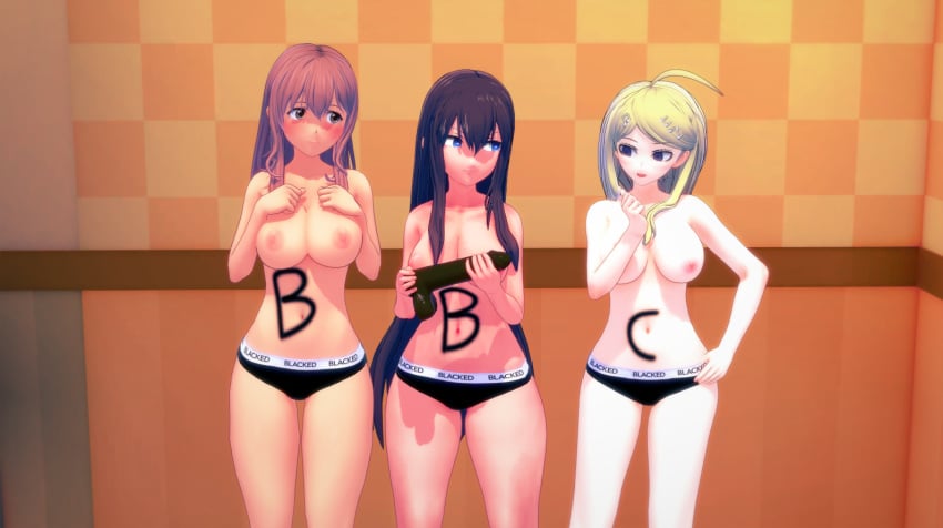 3d 3girls akamatsu_kaede blacked blacked_clothing blonde_hair body_writing crossover danganronpa day_and_night_(artist) dildo english_text female female_only koe_no_katachi koikatsu large_breasts makise_kurisu multiple_girls nishimiya_shouko smooth_skin steins;gate text