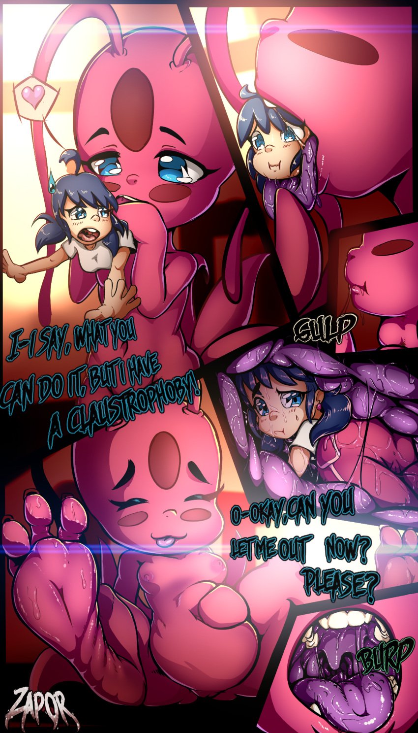 3_toes arthropod barefoot blue_eyes burping comic duo english_text feet female female/female hair hi_res human humanoid internal kwami macro mammal marinette_cheng marinette_cheng_(pv) marinette_dupain-cheng marinette_dupain-cheng_(pv) miraculous_ladybug mouth_shot neck_bulge nipples nude open_mouth oral_vore paws pink_hair purple_mouth size_difference soft_vore soles stomach stomach_bulge swallowing sweaty_feet teenager teeth text tikki_(miraculous_ladybug) toes vore young yuri zapor zapor666