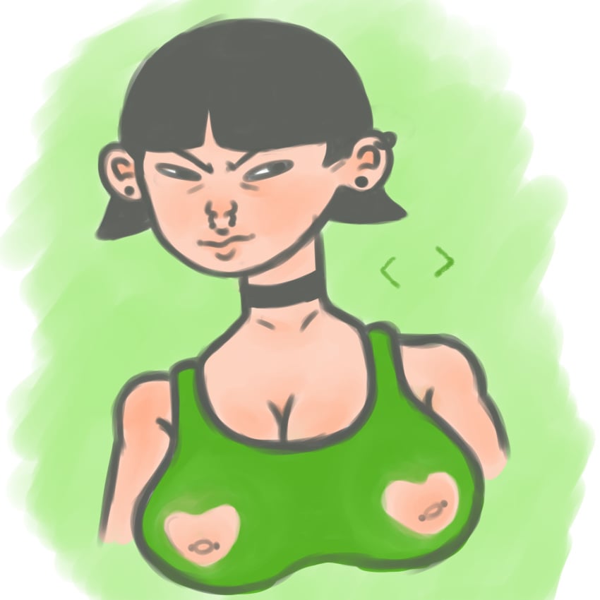 big_breasts big_nipples black_hair buttercup_(powerpuff_girls) ear_piercing heart_cutout neccosan nose_piercing pierced_nipples powerpuff_girls short_hair