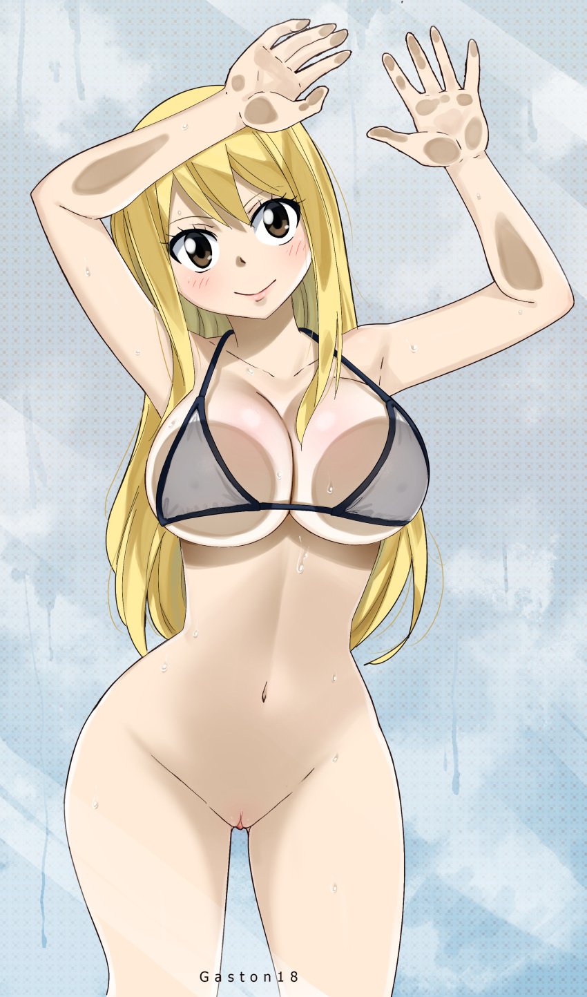 1girls against_glass bikini bikini_top blonde_hair bottomless breasts_on_glass fairy_tail female flat_belly gaston18 looking_at_viewer lucy_heartfilia navel shower smile tagme