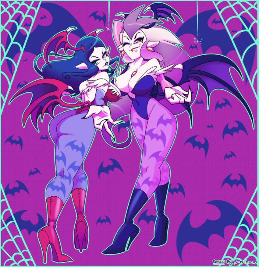 bat_symbol big_breasts big_butt blue_hair clothing cosplay darkstalkers disney eda_clawthorne gold_tooth gray_eggs_n_ham green_eyes halloween_costume high_heels large_breasts lilith_aensland_(cosplay) lilith_clawthorne medium_breasts morrigan_aensland_(cosplay) sisters straight_hair the_owl_house vampires white_hair yellow_eyes