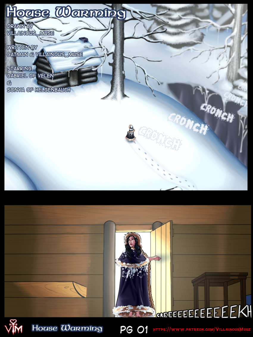 cloak comic cottage_(building) english_text female footprints log_cabin male page_1 snow sonya_(villainous_muse) sorceress villainous_muse