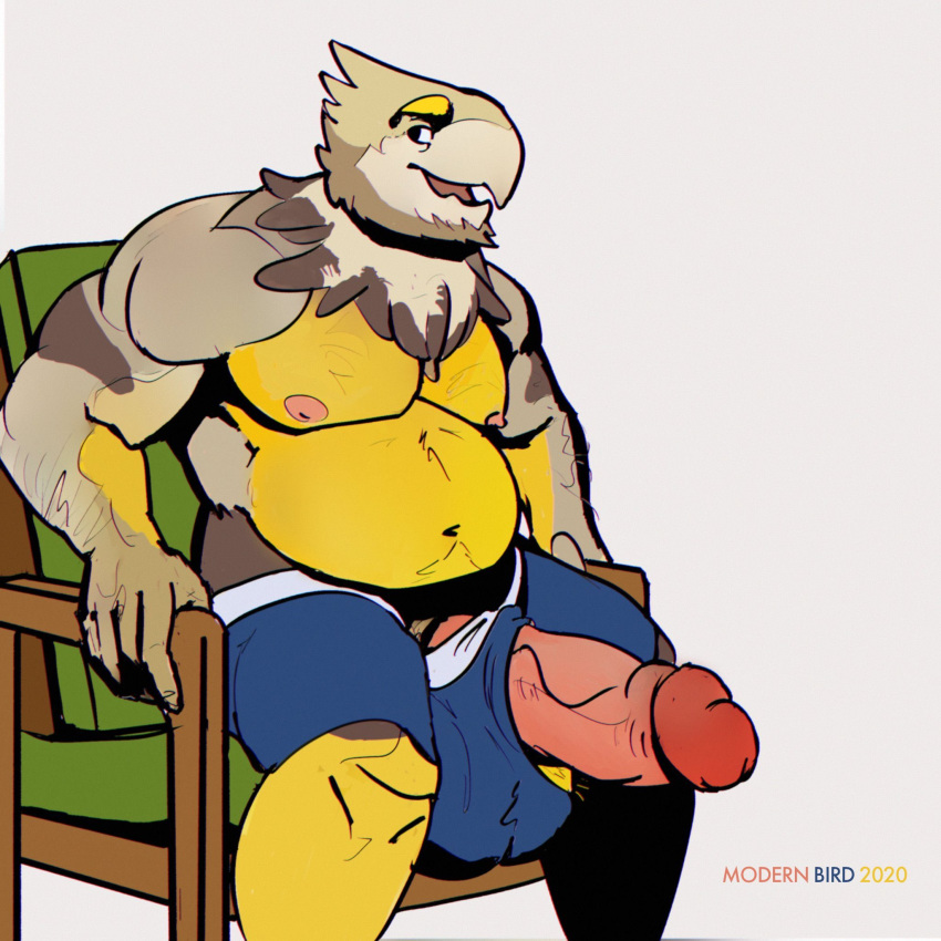 1:1 anthro avian big_penis bird boxers_(clothing) clothed clothing genitals hi_res hyper hyper_genitalia looking_at_viewer male male_only modern_bird penis sitting solo topless underwear