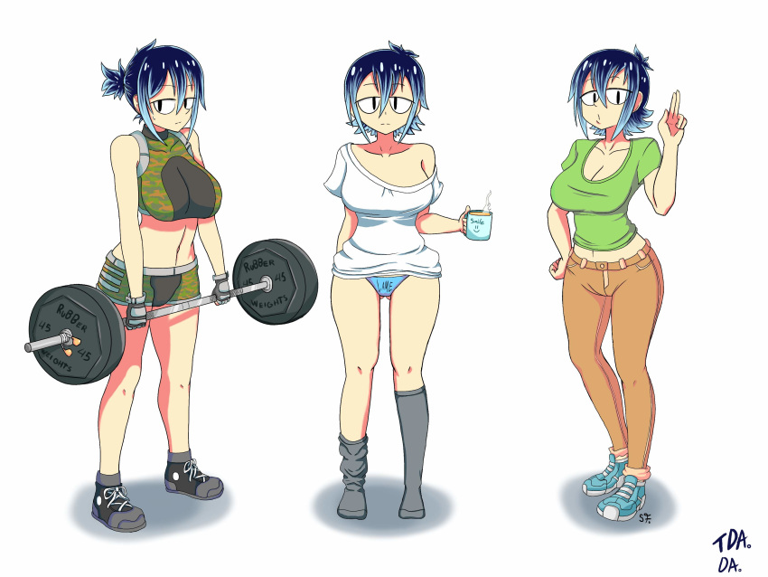 1girls big_breasts blue_hair breasts clothed_female clothes clothing coffee coffee_mug female female_only gloves gym_clothes original panties shelby_springfield shorts socks standing thatdamapache thighs weightlifting weights