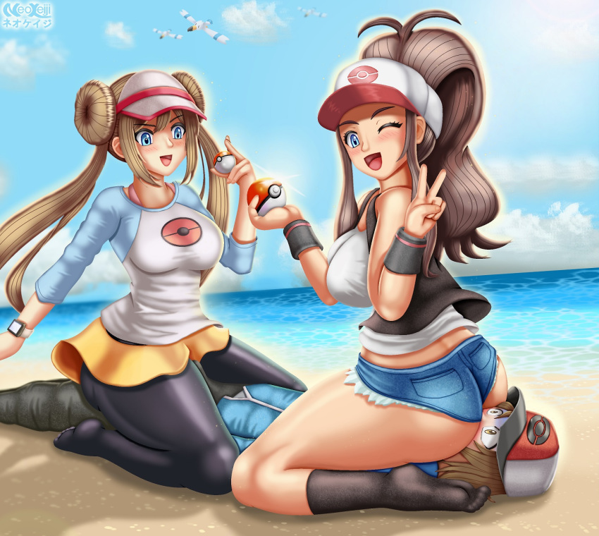 1boy 2girls aged_up ass big_ass big_breasts blue_eyes blush breasts brown_hair double_bun erection erection_under_clothes eye_contact facesitting hat hilbert_(pokemon) hilda_(pokemon) holding_object holding_poke_ball huge_thighs human leggings long_hair looking_back neokeiji nintendo open_mouth pokemon pokemon_bw pokemon_bw2 ponytail reverse_spitroast rosa_(pokemon) short_hair shorts sitting_on_face sitting_on_person thick_ass thick_thighs threesome twintails wide_hips