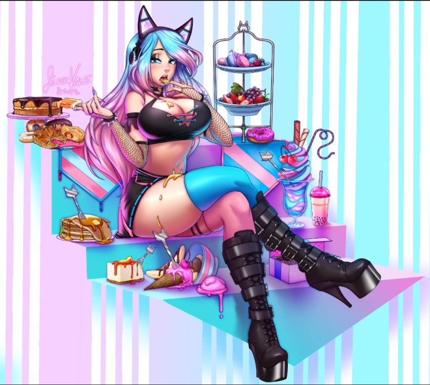 banana blue_hair blue_nails cleavage dessert doughnut food fork fruit grapes high_heel_boots high_heels ice_cream indie_virtual_youtuber large_breasts licking multicolored_nail_polish nail_polish open_mouth pancake pastry pink_nails popsicle silvervale spatula_(artist) strawberry virtual_youtuber vshojo