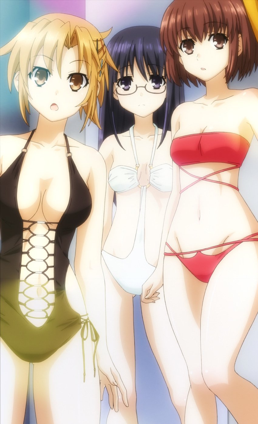 3girls black_hair blonde_hair breasts brown_eyes brown_hair clothed clothed_female date_a_live female female_only fujibakama_mii glasses hazakura_mai high_resolution long_hair megane multiple_females multiple_girls navel non-nude purple_eyes screen_capture screencap screenshot short_hair standing swimsuit yamabuki_ai