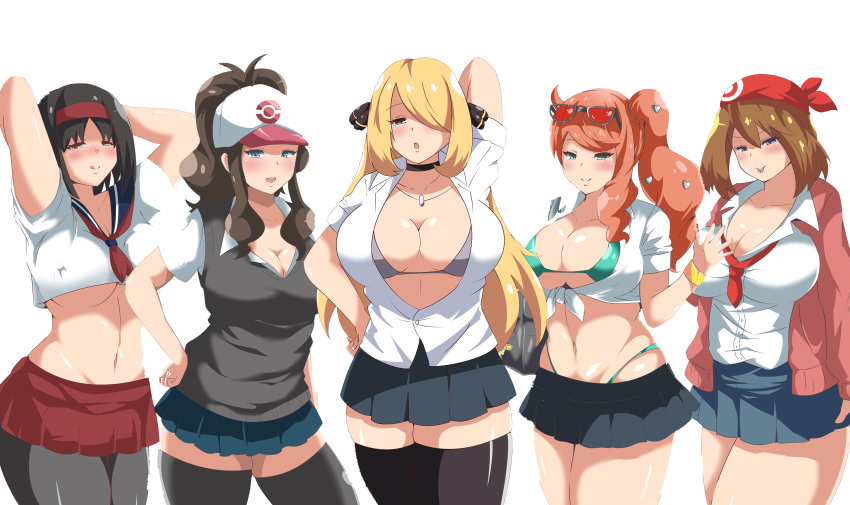 5girls absurd_res alternate_breast_size aqua_eyes big_breasts black_thighhighs blonde_hair blue_eyes blush bra bra_cups_sticking_out breasts brown_hair cielr18 cleavage clothed clothed_female curvy_figure cynthia_(pokemon) erika_(pokemon) female female/female female_focus female_only fully_clothed hat high_resolution hilda_(pokemon) huge_breasts human large_breasts long_hair looking_at_viewer mature_female may_(pokemon) medium_hair microskirt multiple_girls nintendo pale-skinned_female pale_skin panties_visible pantyhose pokemon pokemon_bw pokemon_dppt pokemon_frlg pokemon_rgby pokemon_rse pokemon_ss ponytail red_hair school_uniform shirt short_hair side_ponytail simple_background skirt sonia_(pokemon) sunglasses sunglasses_on_head thick_thighs thighhighs thighs thong voluptuous white_background wide_hips young yuri