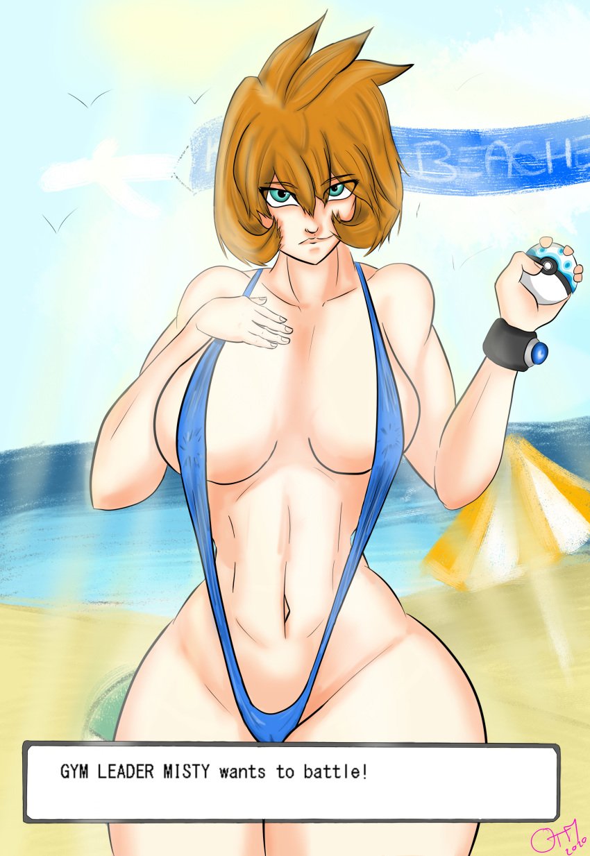 1girls beach beach_ball beach_umbrella big_breasts big_butt cameltoe english_text female female_only fit fit_female ginger green_eyes kasumi_(pokemon) leotard nipples_visible_through_clothing ottomathicc pokemon pokemon_hgss red_hair solo text