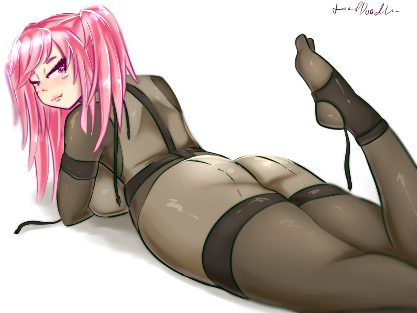 1girls alternate_hairstyle artist_name ass big_breasts bodysuit crossover doki_doki_literature_club female female_only large_breasts lewddoodler lingerie metal_gear metal_gear_solid natsuki_(doki_doki_literature_club) pale-skinned_female pale_skin pink_hair sneaking_suit thick_thighs thighs twintails white_background