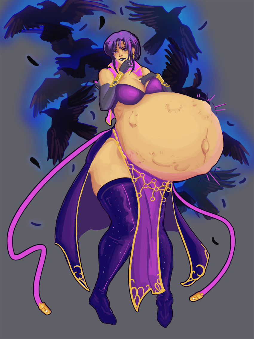 belly_expansion big_belly big_breasts blue_eyes blue_hair breasts cleavage crows dress earrings elbow_gloves fetal_movement fire_emblem fire_emblem:_the_blazing_blade footwear gloves huge_belly jewelry lips lipstick pregnant ready_to_pop short_hair simple_background thick_thighs ursula_(fire_emblem) xcel-zero