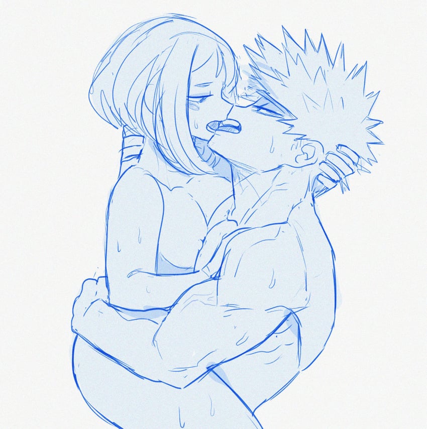 1boy 1boy1girl 1girls breasts cowgirl_position female_on_top katsuki_bakugou kissing kissing_while_penetrated my_hero_academia nipples ochako_uraraka sex straddling straight superevey sweat teenage_girl teenager