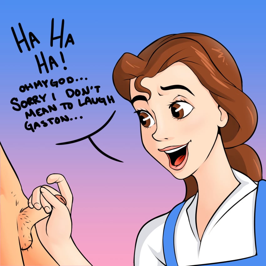 1boy 1girls beauty_and_the_beast belle brown_eyes brown_hair captainbuttocks_(artist) dialogue disney disney_princess disney_villains faceless_male female gaston handjob humiliation laughing lipstick male open_mouth penis pubic_hair small_penis small_penis_humiliation smile sph straight text