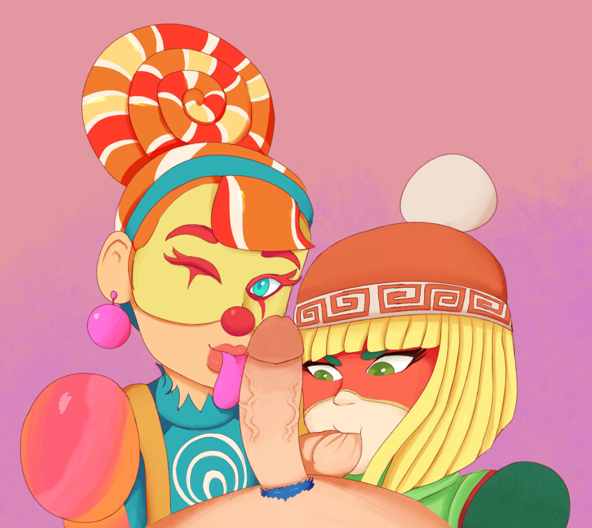 2girls arms_(game) ball_sucking balls balls_in_mouth blonde_hair clown collaborative_fellatio earrings fellatio green_eyes lewdigo licking_penis lips lipstick lola_pop mask min_min_(arms) multiple_girls nintendo one_eye_closed penis teamwork tongue_out