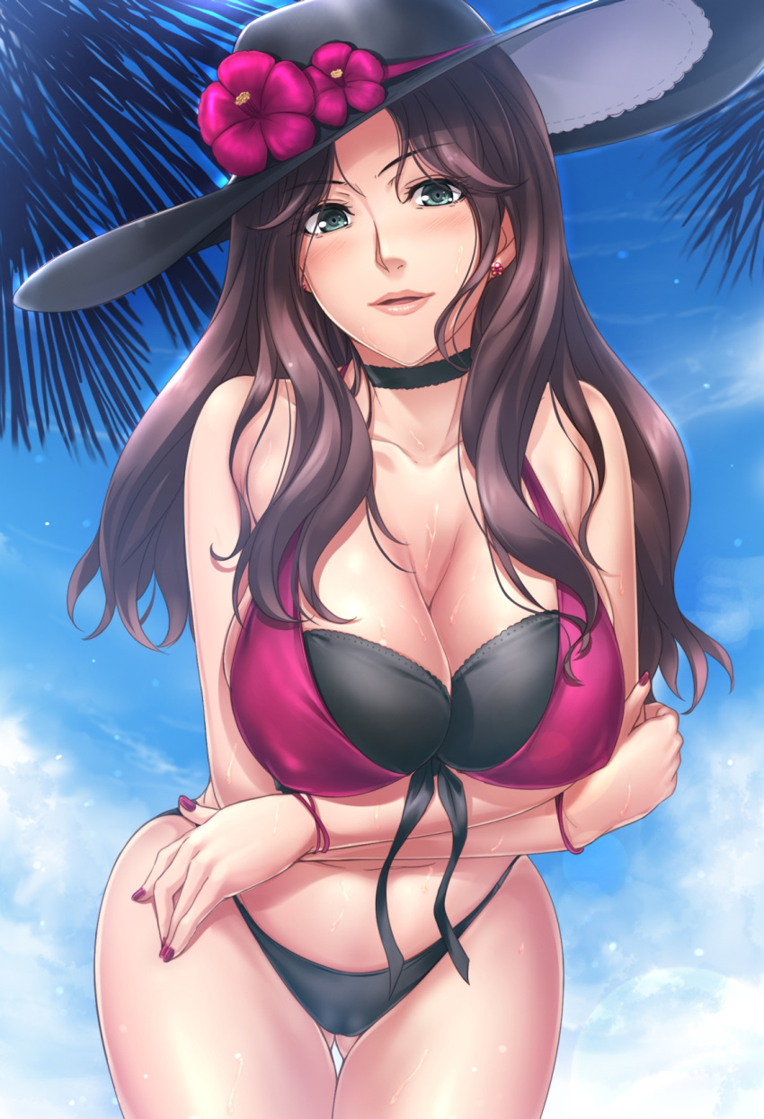 1girls ass bikini brown_hair cowgirl_position dark_green_eyes dorothea_arnault dorothea_arnault_(summer) female female_focus fire_emblem fire_emblem:_three_houses fire_emblem_heroes green_eyes hat hat_flower huge_breasts kobapyon large_breasts long_hair nintendo solo sun_hat swimsuit thick_thighs voluptuous wet wet_body wide_hips