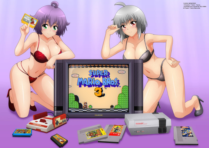 2girls 8-bit black_bra black_panties bra electronics famicom female game_cartridge kanna_albeecht lace-trimmed_bra lace-trimmed_panties nes nintendo nintendo_entertainment_system nipples original original_character panties red_bra red_panties tagme television video_games yukino_akaihi zel-sama