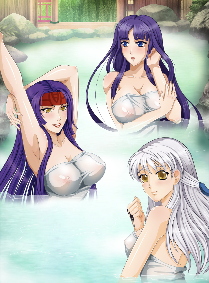 3girls altina_(fire_emblem) armpits arms_up back bare_back bare_shoulders bath big_breasts blue_eyes collarbone female_only fire_emblem fire_emblem:_path_of_radiance fire_emblem:_radiant_dawn hand_mark hot_spring large_breasts leenvidia lips lipstick long_hair micaiah_(fire_emblem) multiple_girls nintendo nipples onsen open_mouth partially_submerged purple_hair red_lipstick sanaki_kirsch_altina see-through silver_hair tattoo towel yellow_eyes