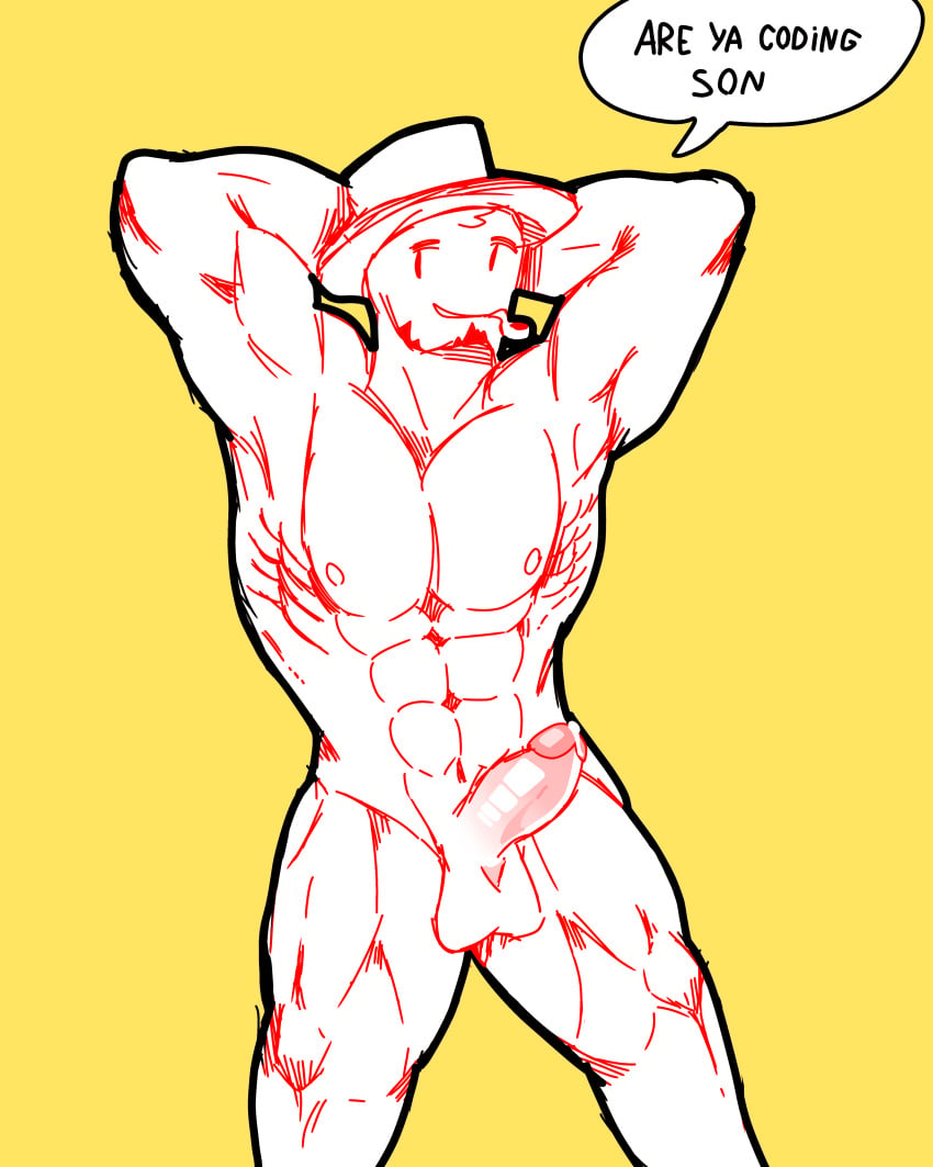 1boy abs are_ya_winning_son bara beard black_outline erection facial_hair gay hands_behind_head hat looking_to_the_side male male_focus male_only muscle muscular_male nude pecs posing precum_bubble presenting serratus_anterior thick_penis yellow_background