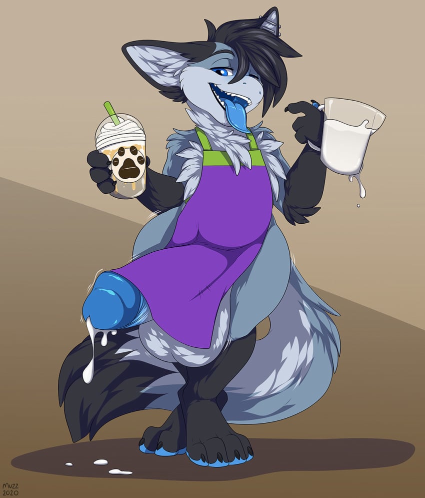 1boy 4_fingers 4_toes anthro apron apron_only balls black_body black_claws black_ears black_fur black_hair black_tail blue_eyes blue_glans blue_tongue bodily_fluids claws clothing cum cum_in_a_cup dragon fingers full-length_portrait fur furred_dragon genital_fluids genitals glans green_apron hair hi_res holding_object humanoid_genitalia humanoid_penis lumikin male male_only mostly_nude muzz open_mouth penis portrait purple_apron shadow solo standing teeth toe_claws toes tongue two_tone_apron