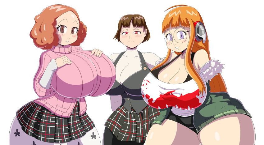 3girls blush breast_expansion breasts cleavage female female_only haru_okumura huge_breasts hyper hyper_breasts makoto_niijima mechspazer mechz persona persona_5 sakura_futaba