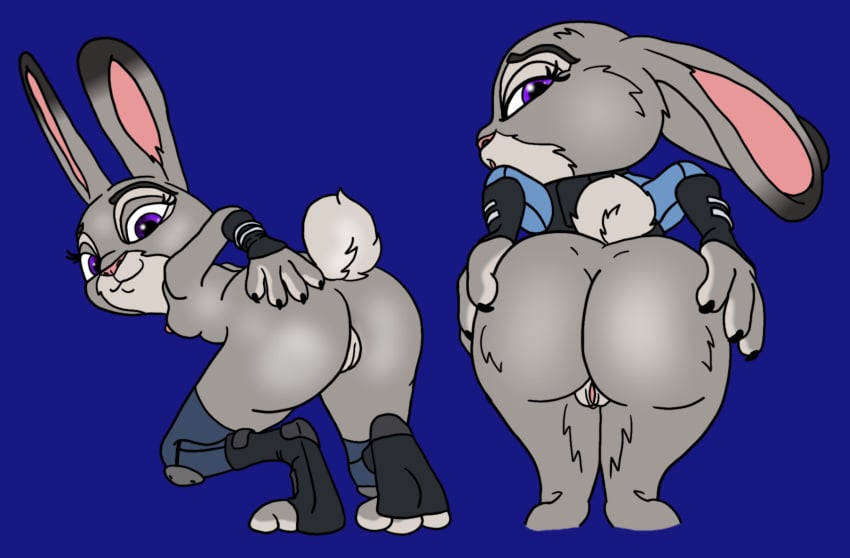 2018 anthro armor ass blue_background bracelet breasts claws clitoris clothing disney female fur gauntlets genitals gloves grey_body grey_fur half_naked hand_on_butt handwear hi_res jewelry judy_hopps knee_pads lagomorph leporid long_ears looking_at_viewer mammal multicolored_body multicolored_fur nude otaconxix presenting presenting_hindquarters presenting_pussy purple_eyes pussy rabbit simple_background small_breasts solo toeless_legwear white_body white_fur zootopia