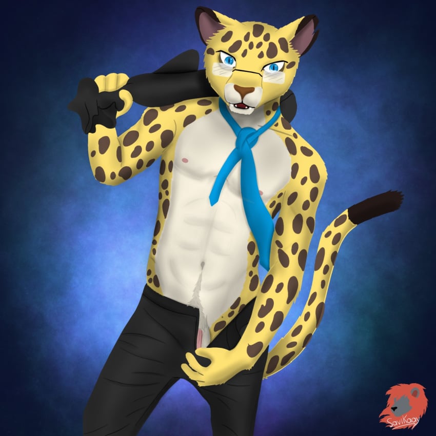 1:1 1boy aggressive_retsuko anthro barely_visible_genitalia barely_visible_penis bottomwear clothed clothing eyewear felid genitals glasses hi_res hyodo hyoudou_(aggretsuko) leopard male male_only mammal necktie open_bottomwear open_clothing open_pants pantherine pants penis sanrio savikaay smooth_fur solo topless