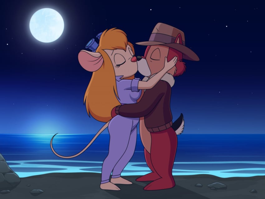 1boy 1girls 4_fingers anthro barefoot beach bottomless breast_press breast_squeeze breasts chip chip_'n_dale_rescue_rangers chipmunk closed_eyes clothed clothing disney duo embrace eyebrows eyelashes eyes_closed featureless_crotch fedora female full_moon gadget_hackwrench ground_squirrel hair hat headgear headwear jacket kissing light long_hair long_tail male mammal moon moonlight mouse murid murine night night_sky rodent sciurid seaside sfan shadow standing stars straight tail topwear water