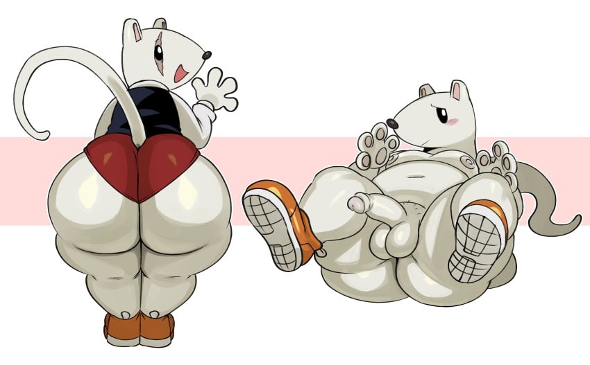 1boy 2020 4_fingers anthro ass balls big_butt blush butt_focus clothing fingers footwear footwear_only genitals glans glistening glistening_body happy hi_res humanoid_genitalia humanoid_penis looking_back lying male male_only mammal mostly_nude mouse murid murine my_hero_academia nedzu open_mouth partially_retracted_foreskin penis principal_nezu pubes rear_view rodent scar shoes shoes_only shortstack simple_background smile solo sssonic2 teapot_(body_type) thick_thighs uncut underwear white_background