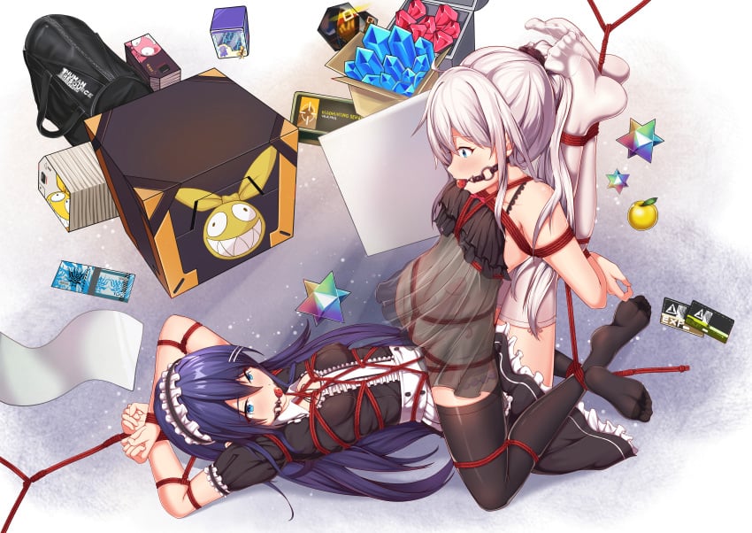 arknights arms_behind_back ball_gag bondage bound_together fate/grand_order fate_(series) feet female femsub gag multiple_girls multiple_subs rope soles stockings tagme toes yiduan_zhu yuri