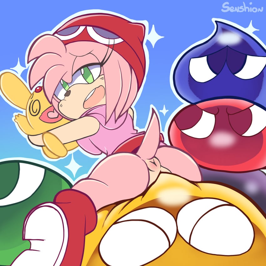 1:1 ambiguous_gender ambiguous_penetrating ambiguous_penetrating_female amitie amitie_(cosplay) amy_rose anthro anthro_focus anthro_penetrated anus beanie black_body black_nose blue_background blue_body blue_eyes blush carbuncle_(puyo_puyo) closed_eyes clothing eulipotyphlan female female/ambiguous female_focus female_penetrated footwear forehead_gem fur genitals goo_creature gradient_background green_body green_eyes group half-closed_eyes hat headgear headwear heart_tongue hedgehog hi_res hoodie hug looking_back looking_down mammal narrowed_eyes open_mouth penetration pink_body pink_clothing pink_fur pink_topwear pussy puyo_(puyopuyo) puyo_puyo puyo_puyo_fever raised_tail rear_view red_body red_clothing red_eyes red_footwear red_headwear running_shoes sega senshion simple_background solo_focus sonic_(series) sonic_runners sonic_the_hedgehog_(series) sparkles spiral_eyes spread_legs spreading straddling tail topwear vaginal_penetration yellow_body