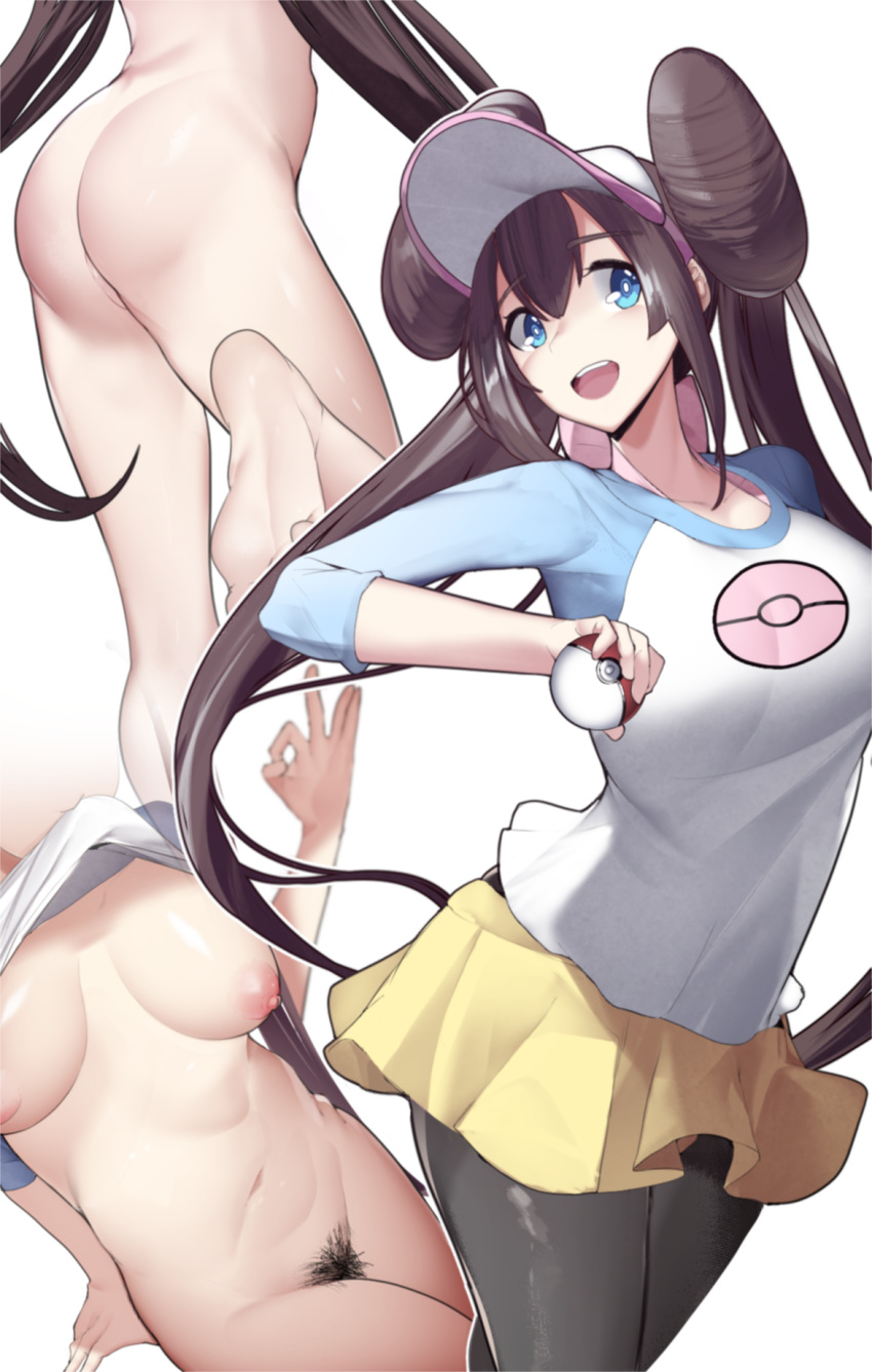 1girls areolae ass big_ass blue_eyes breasts brown_hair double_bun female hat holding_object holding_poke_ball long_hair nintendo nipples pale-skinned_female pale_skin pokemon pokemon_bw pokemon_bw2 pubic_hair rosa_(pokemon) sha_(amfil100) thighs twintails white_background