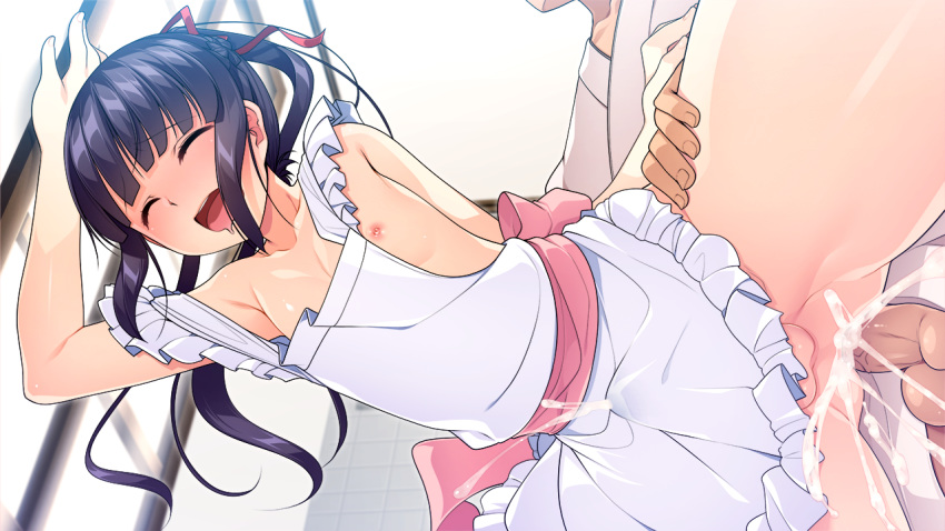 2boys anal aogiri_penta apron bangs bent_over black_hair blunt_bangs blush braid bulge closed_eyes cum cum_in_ass cum_in_clothes cum_through_clothes drooling endou_mishiro erection erection_under_clothes eyebrows_visible_through_hair femboy frilled_apron frills from_below game_cg hair_ribbon indoors japanese_clothes josou_jinja leaning_on_object leg_grab leg_up long_hair male_focus masato_(josou_jinja) mouth_drool multiple_boys naked_apron nipple_slip nipples open_mouth otoko_no_ko overflow penis ponytail red_ribbon ribbon sex sex_from_behind sidelocks smile standing standing_on_one_leg standing_sex testicles trap uncensored upper_teeth yaoi