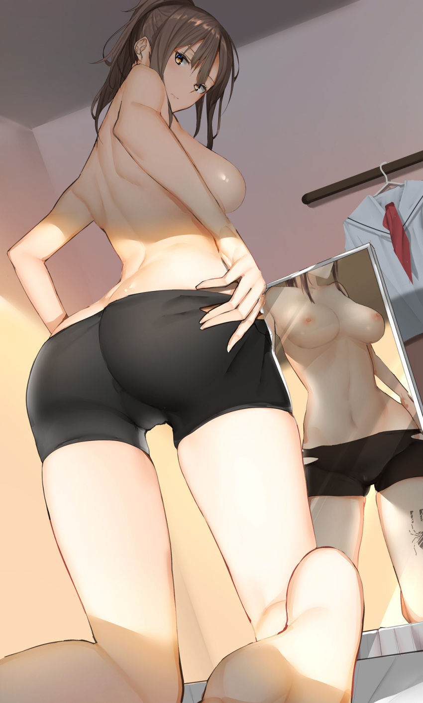 ass black_underwear boobs_and_butt_pose breasts brown_hair coathanger dutch_angle feet female fit fit_female hazel_eyes kneeling looking_back low-angle_view mirror navel pallad presenting presenting_hindquarters reflection scarf school_uniform shading solo thigh_tattoo thighs torn_clothes underwear undressing