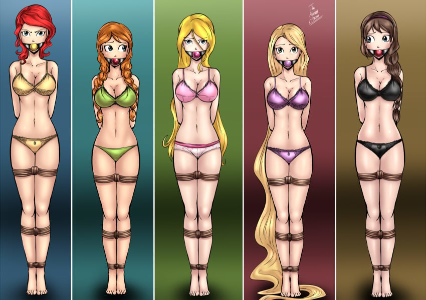 5girls angry anna_(frozen) arms_behind_back ball_gag bondage bra breasts crossover dakuroihoshi disney disney_princess drawing enchanted_(film) female female_only fenrilhuayra frozen_(film) gag gagged giselle_(enchanted) iduna looking_at_viewer multiple_girls multiple_subs panties rapunzel red_(transistor) rope rope_bondage tagme tangled tied_up transistor_(game)