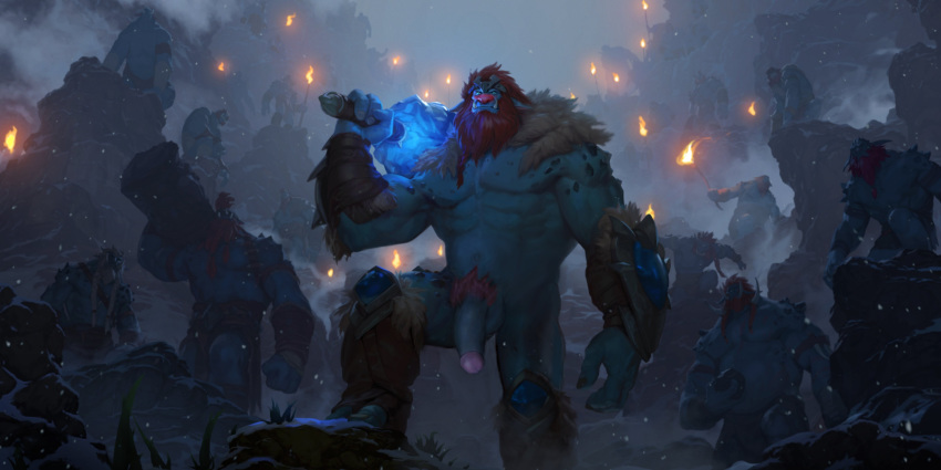 2:1 abs absurd_res anonymous_artist armwear balls beard blue_body blue_eyes boots clothing crown facial_hair fangs fire flaccid footwear genitals glowing_weapon hair hi_res humanoid humanoid_genitalia humanoid_penis league_of_legends mace male male/male melee_weapon mostly_nude mountain muscular overweight penis red_beard red_hair red_nose riot_games sharp_teeth snow solo teeth tiara torch troll trundle weapon white_beard white_hair